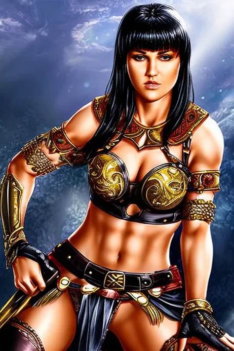 score_9, score_8_up, score_7_up, score_6_up, score_5_up, 1girl, lucy lawless, xena: warrior princess, armor bra, exposed midriff...