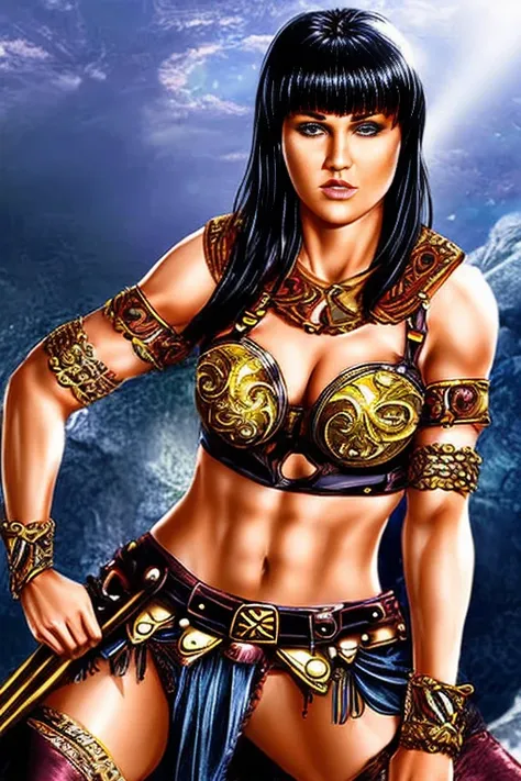 score_9, score_8_up, score_7_up, score_6_up, score_5_up, 1girl, lucy lawless, xena: warrior princess, armor bra, exposed midriff...