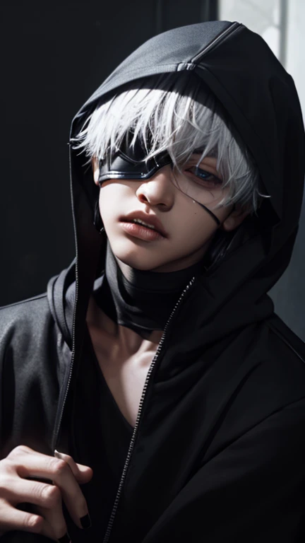 kk, best quality, more details, masterpiece, 1boy, kaneki ken, portrait, close-up,  male focus, red eyes, solo, mask, black nails, bangs, looking at viewer, hood, short hair, black background, hand up, hood up, nail polish, mouth mask, teeth, white hair, b...