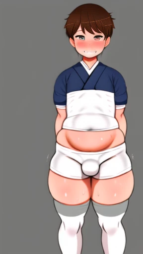 Solo, femboy, male boy, cute boy, japanese school white sailor summer uniform, reflective brown bike shorts, shiny brown spats, thin brown spandex, wet clothing, short height, stocky body, big butt, wide hips, plump thighs, bottom heavy, slim belly, flat c...