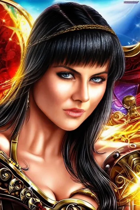 score_9, score_8_up, score_7_up, score_6_up, score_5_up, 1girl, lucy lawless, xena: warrior princess, black hair, blue eyes, (in...