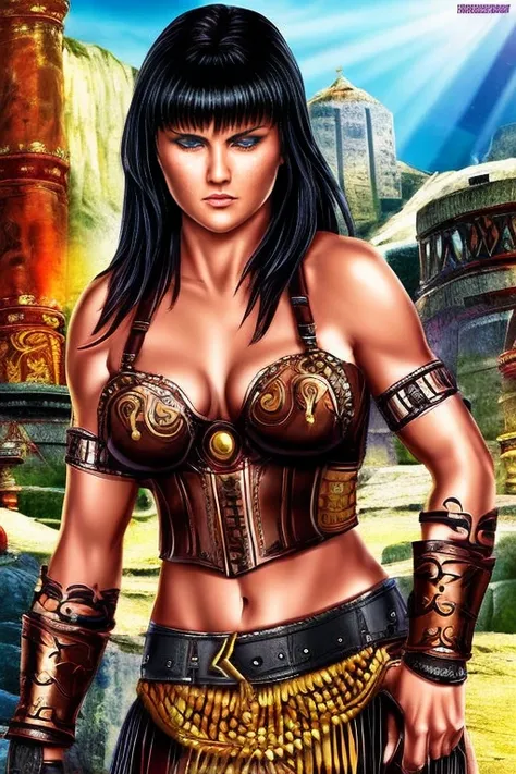 score_9, score_8_up, score_7_up, score_6_up, score_5_up, 1girl, Lucy Lawless, Xena: Warrior Princess, armor bra, exposed midriff, leather skirt, black hair, blue eyes, (insanely detailed, beautiful detailed face, masterpiece, best quality) 