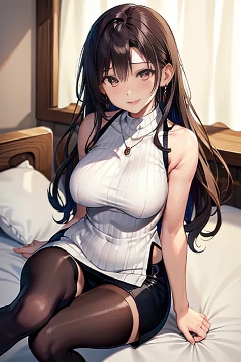 (Light Beige Turtleneck Sleeveless Knit、pencil skirts、knee high stockings)、20 year old girl, breasts of medium size,, Puffy nipple、brown haired、Long Wave Hair、hotels room、(Sleeping on the bed)、((Pleasant look、Open your mouth a little))、a necklace、Earring、 ...