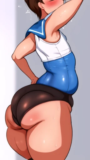 Solo, femboy, male boy, cute boy, japanese school light blue sailor summer uniform, reflective brown bike shorts, shiny brown spats, thin brown spandex, nipple pasties, wet clothing, short height, stocky body, big butt, phat ass, thicc booty, wide hips, pl...