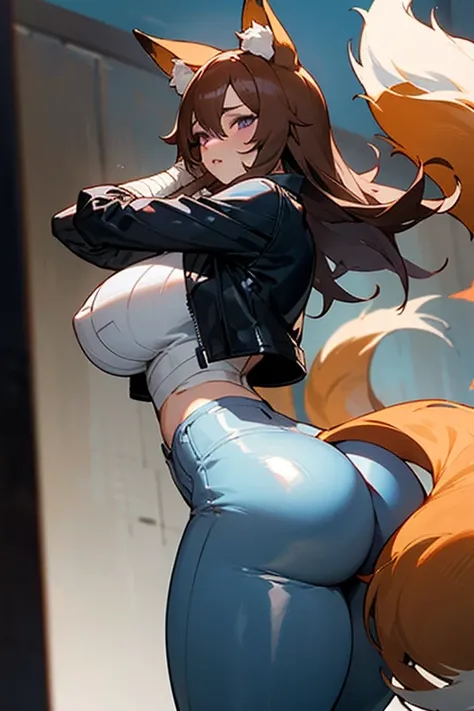 female, kitsune, brown hair and purple eyes, fox ears and tail, huge breasts and thicc thighs nice curves and huge ass,grey tight pants, leather jacket,no shirt, bandages replacement for my brawl, BBC gangbang 