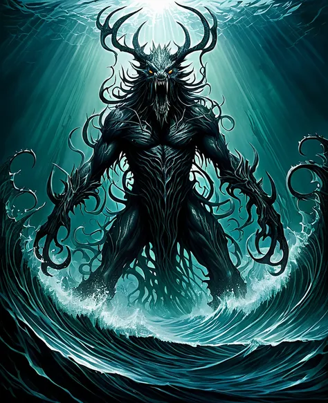 Make an deathcore album cover based in this description: "In the abyss, where nightmares reign,
Im ensnared in the beasts domain.
A harrowing tale, of terror untold,
In the depths of the oceans cold."