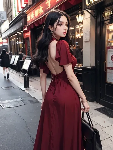 24 year old woman, long black hair, green eyes, tall, wearing a red long dress with no back, holding a black bag with both hands, outside a theatre, stylish