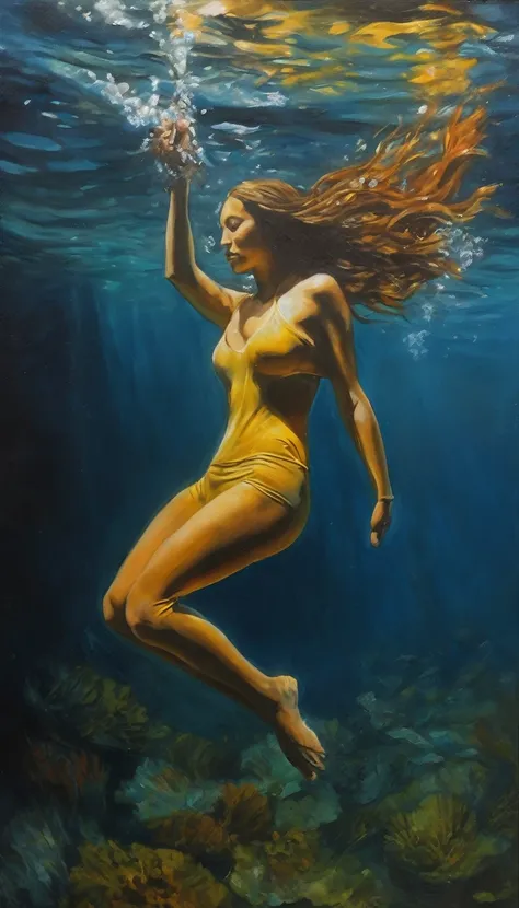 realistic oil painting, free diving, breath-hold diving, The Deepest Free Dive Records, diving down without scuba gear, deep under water, Herbert Nitsch, Tanya Streeter, dark aura of deep water