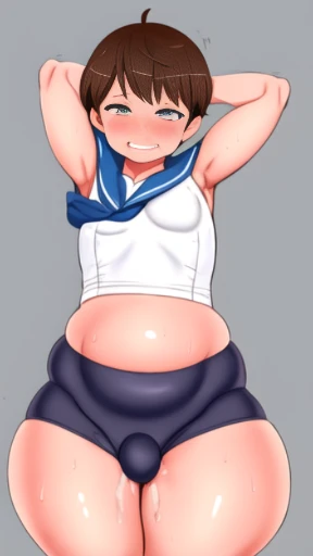 Solo, femboy, male boy, cute boy, japanese school light blue sailor summer uniform, reflective brown bike shorts, shiny brown spats, thin brown spandex, nipple pasties, wet clothing, short height, stocky body, big butt, phat ass, thicc booty, wide hips, pl...