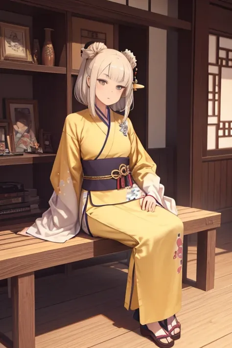 A woman in her fifties wearing a yellow kimono sitting on a shelf, palace ， Girl in Hanfu, Realistic Anime 3D Style, Gweiz style artwork, Beautiful character drawings, 3D Anime Real, Trending on cgstation, Anime-style 3D, Wearing Ancient Chinese Clothing, ...