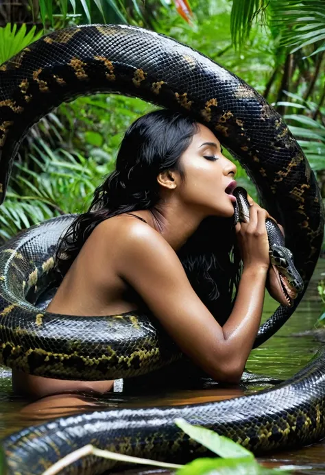 Topless thong   aroused horny beautiful  Indian  young teen girl  vs Giant colossal black anaconda monster wrapped around her body squeezing her in coiled embrace cuddling and kissing sexual erotic  sex realistic in the rainforest snake tongue kissing, vag...