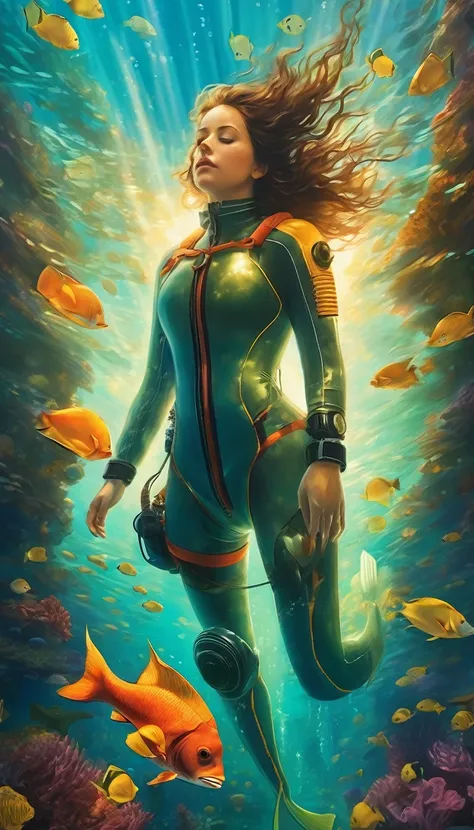 realistic oil painting, a close up of a woman in a diving suit and snorg, long fins, standing under the sea, suspended underwater, by Robert Jacobsen, underwater photography, underwater, amazing depth, alana fletcher, incredible depth, by Emma Andijewska, ...