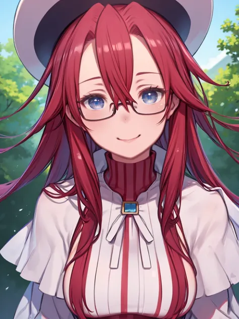 masterpiece,highest quality,High resolution,Very detailed、Close-up of face、Mature Woman、(aty, blue eyes, red hair、Hair between the eyes)、thighhighs, hat, dress, boots, glasses, cape, sweater, ribbed sweater、Big Breasts、Huge breasts、Smiling、