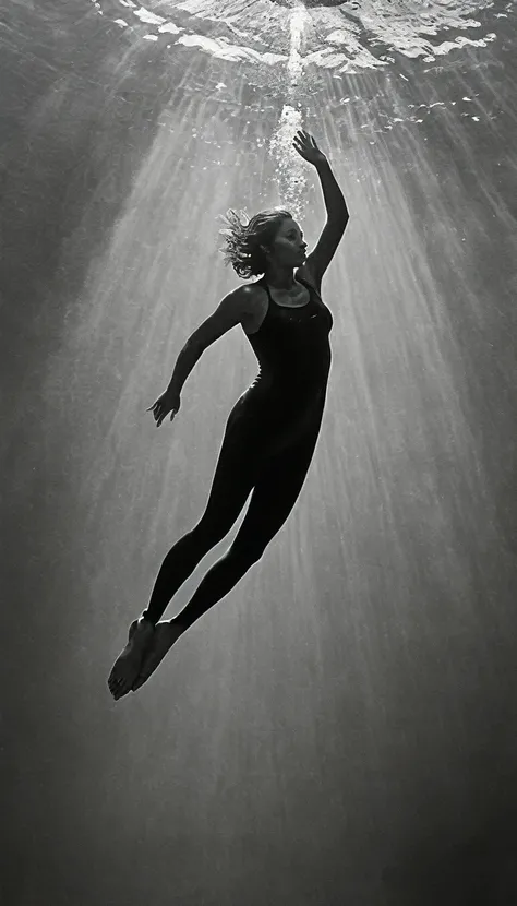 realistic oil painting, free diving, breath-hold diving, The Deepest Free Dive Records, diving down without scuba gear, deep under water, Herbert Nitsch, Tanya Streeter, dark aura of deep water, oned colors, dark colors, low light, Low-key lighting v1.0