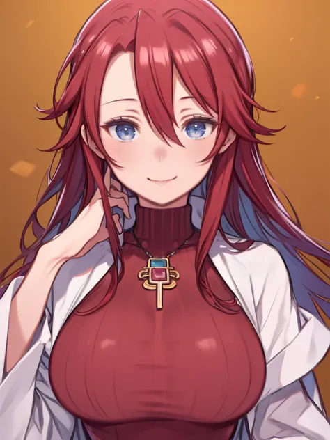 masterpiece,highest quality,High resolution,Very detailed、Close-up of face、Mature Woman、(aty,  long hair、blue eyes, red hair、Hair between the eyes)、Red sweater、Turtleneck sweater、Big Breasts、Huge breasts、Smiling、Shining Background、