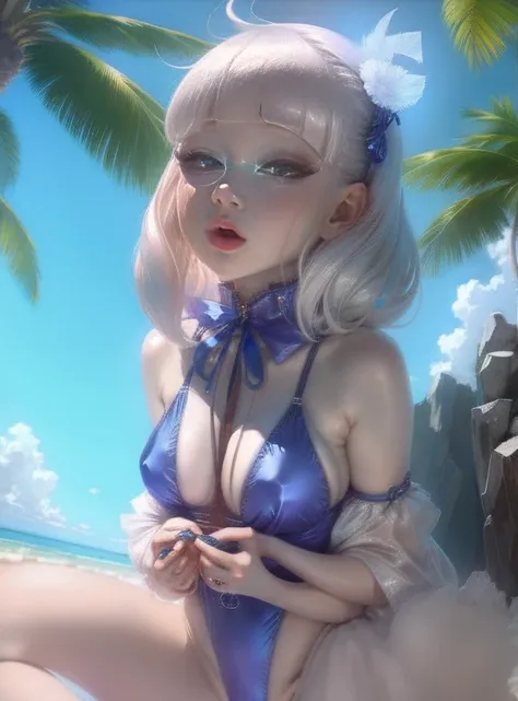 Anime girl with white hair and expressive blue eyes, Abundant breasts and sensual curves, Young realistic anime girl, Realistic anime art style, Anime style,,8K, Attractive Swimwear、Beach