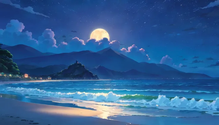 masterpiece, best quality, anime scenery, gloomy beach, night at the beach, wave, water, ocean, moonlight, sparks