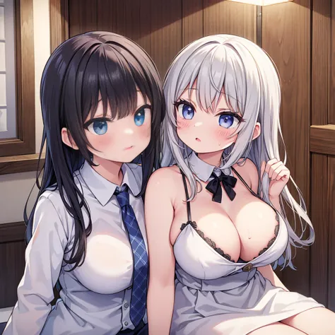 (Best quality: 1.2, Masterpiece: 1.2, High res: 1.2), Two girls kissing, sauna woman, sweating, embarrassing, enormous tits