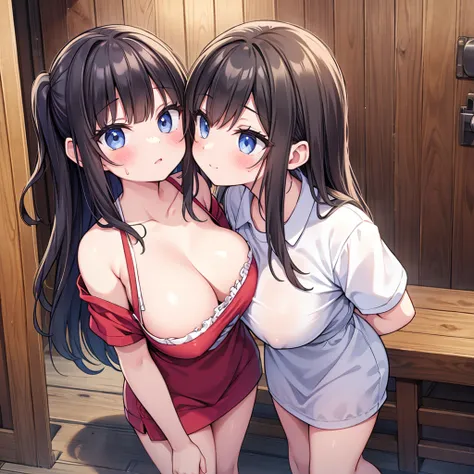 (Best quality: 1.2, Masterpiece: 1.2, High res: 1.2), Two girls kissing, sauna woman, sweating, embarrassing, enormous tits