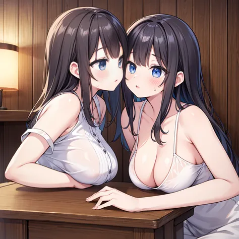 (Best quality: 1.2, Masterpiece: 1.2, High res: 1.2), Two girls kissing, sauna woman, sweating, embarrassing, enormous tits