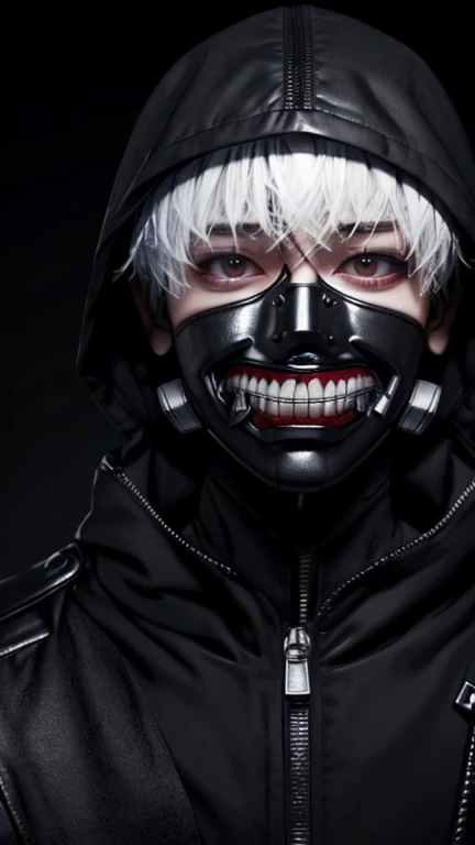 kk, best quality, more details, masterpiece, 1boy, kaneki ken, portrait, close-up,  male focus, red eyes, solo, mask, black nails, bangs, looking at viewer, hood, short hair, black background, hand up, hood up, nail polish, mouth mask, teeth, white hair, b...