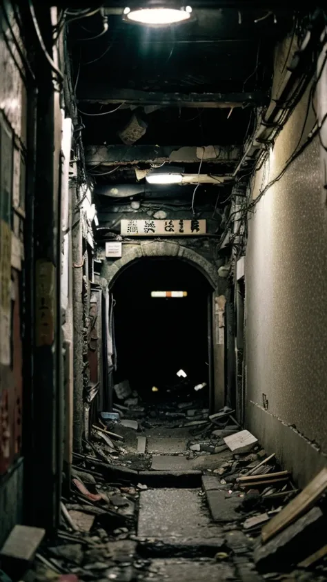 Underground street,Collapse,Devastation,Inside the ruins,narrow-minded,Showa,Glasses,Women,adventure,Black and White,