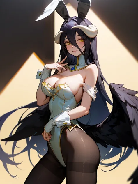 albedo_overlord, hair between eyes, low wings, pantyhose, playboy bunny girl, large breasts, bare shoulders, smile, cowboy shot, highly detailed, HD