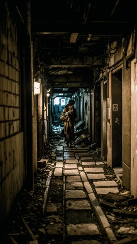 Showa,Underground street,Collapse,Devastation,Inside the ruins,Glasses,Women,adventure,Black and White,