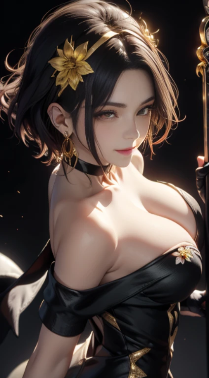 yor briar, anime style beutiful woman, 1girl, happy, sexy pause,(with sparkling eyes and a contagious smile:0.9),red face, closed mouth, beautiful detailed eyes, super detailed skin, backlighting, bare shoulders, black background, black dress, black gloves...