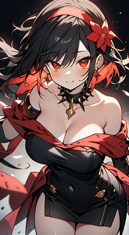 yor briar, anime style beutiful woman, 1girl, happy, sexy pause,(with sparkling eyes and a contagious smile:0.9),red face, closed mouth, beautiful detailed eyes, super detailed skin, backlighting, bare shoulders, black background, black dress, black gloves...