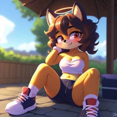 mobian, hedgehog, two-tone fur ((orange fur, brown fur)), pyjama elastic shorts, strapless crop top, cleavage, high-top sneakers, two-tone hair (brown hair, black tip)), curly hair, halo, sunglasses, jewelry, red eyes, longeyelashes, red eyes, smile, shy, ...