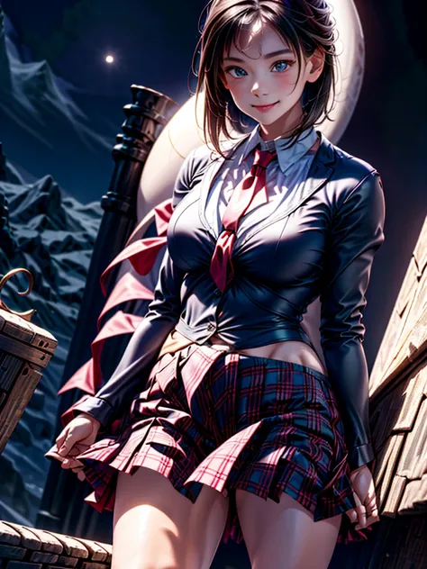 1girl, solo, looking at viewer, smile, short hair, skirt, shirt, black hair, long sleeves, holding, hair between eyes, brown eyes, closed mouth, , jacket, white shirt, ahoge, pleated skirt, outdoors, necktie, sky, bag, plaid, night, plaid skirt, moon, blaz...