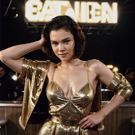 Daisy Ridley as a Eurodance singer from the early 90s, wearing a very glamorous fur coat, looking directly at the camera, with very short and wet hair, with a great Madonna Singer smile, glamour position, Very happy dancing in The party dance floor, Midjou...