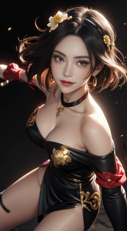 yor briar, anime style beutiful woman, 1girl, happy, sexy pause,(with sparkling eyes and a contagious smile:0.9),red face, closed mouth, beautiful detailed eyes, super detailed skin, backlighting, bare shoulders, black background, black dress, black gloves...