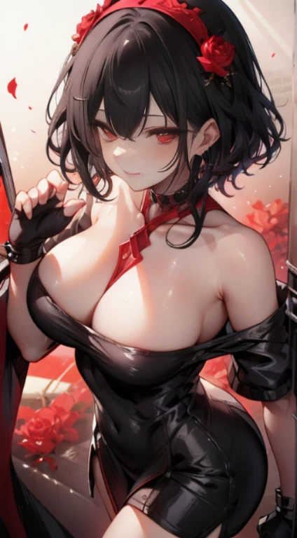 yor briar, anime style beutiful woman, 1girl, happy, sexy pause,(with sparkling eyes and a contagious smile:0.9),red face, closed mouth, beautiful detailed eyes, super detailed skin, backlighting, bare shoulders, black background, black dress, black gloves...