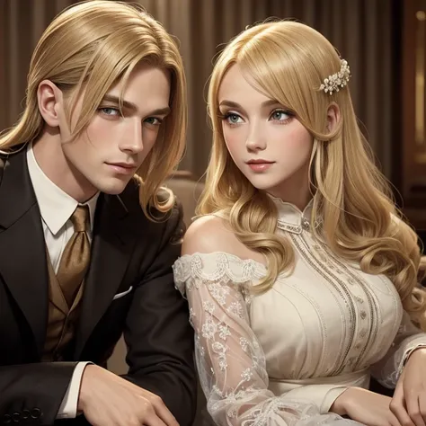 A man with blonde hair and a woman with long brown hair from the 1920s as a couple