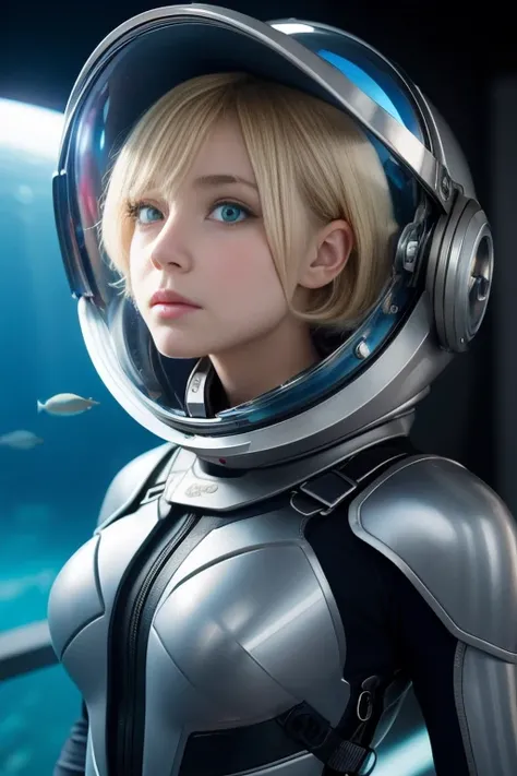 1girl, blonde_hair, solo,(space helmet):6, blue_eyes, looking_at_viewer, futuristic_diving_suit, realistic, breasts, short_hair, lips, medium_breasts, cyborg_enhancements, high_tech_armor, underwater, coral_reef, tropical_fish, sunlight_rays, futuristic_br...