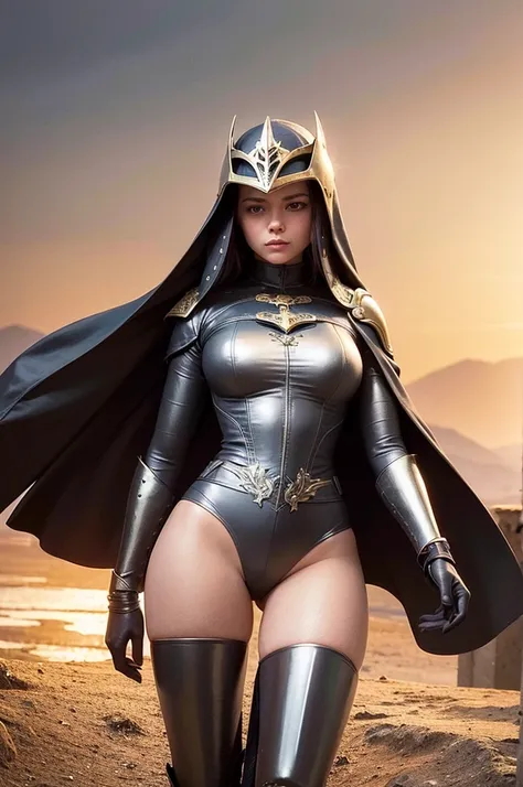 At the top of a steep hill, against the twilight horizon, an imposing figure stands with majesty. A woman, wearing full armor, stands at the highest point of the terrain, gazing determinedly into the valley below. Her helmet is adorned with intricate detai...