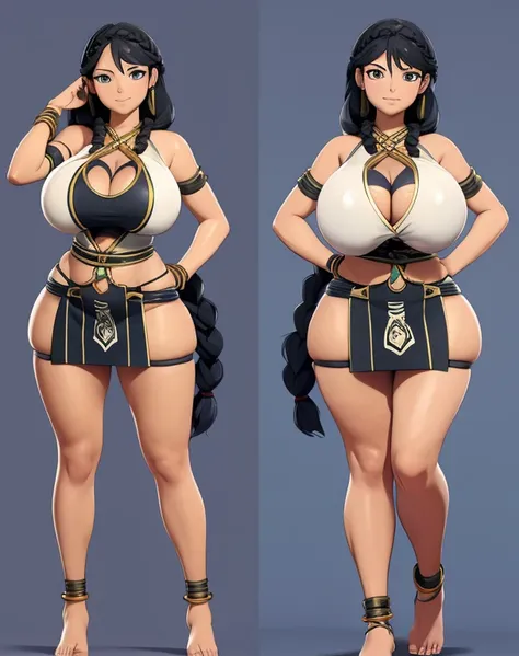 Anime woman, 3d rendering, front and back, same person, big breasts, wide hips, thick thighs, tribal clothing, amazon woman, barefoot, anklet, tanned skin, braided hair, black hair