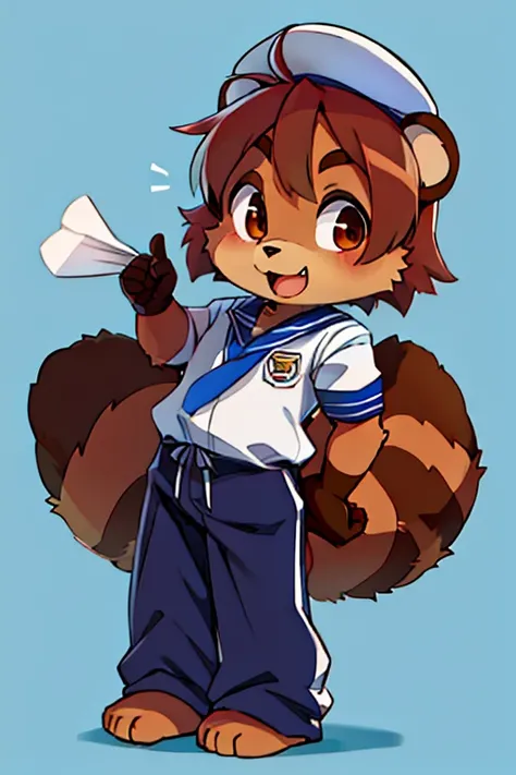 2 boys, tanuki, furry, bodyfur, tail, Sailor suit, short sleeve, jersey pants, long trousers, gloves, barefoot