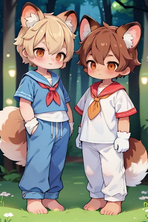 2 boys, tanuki and fox, furry, bodyfur, tail, Sailor suit, short sleeve, jersey pants, long trousers, gloves, barefoot