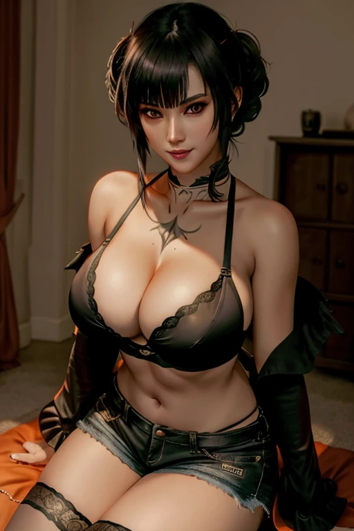 Eliza From Tekken, sensual smile, in a black bra and cleavage, in a casual blouse falling over the shoulders, in short shorts, at home, soft lighting in the room with orange and dark tones