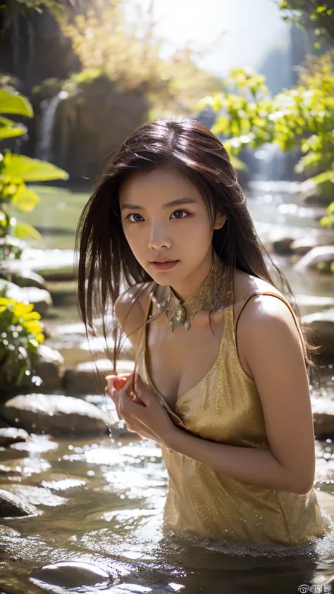 Spectacular water bending shots, in front, Award-winning photo, wuxia, Beautiful Chinese Woman，Focus on the face, Photorealistic eye style, Bokeh，Surreal illustration style, Super detailed, Cinematic Screenshots Unreal Engine, Zbrush3DアートVray，Glow Particle...