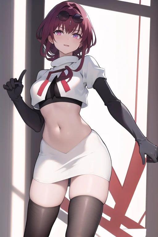 masterpiece, best quality, highres, aakafka, sunglasses, eyewear on head, team rocket,team rocket uniform,white skirt,red letter...