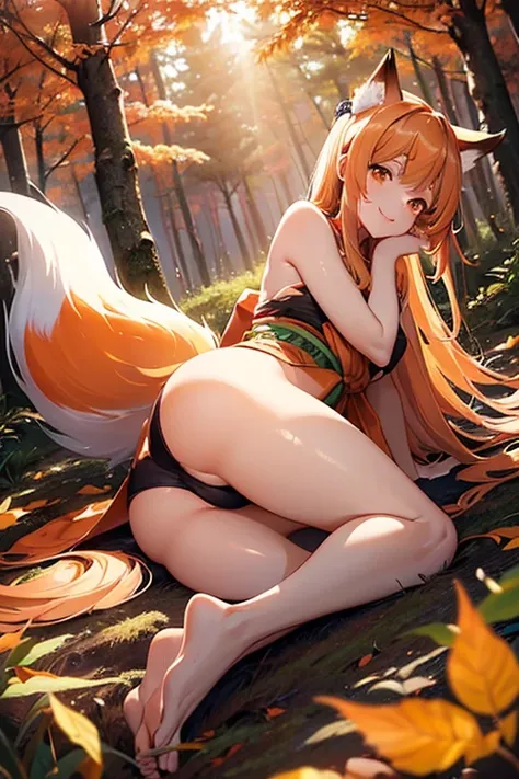 Two-shot photo of a girl and a fox,(Fantasia,Kitsune Yokai Four-Tailed Heavenly Fox,),(Girl and Fox Yokai: The Tale of the Four-Tailed Heavenly Fox),
(With a girl bent down deep in the forest and looking up,Fox Yokai Two-shot movie of a fox protecting a gi...