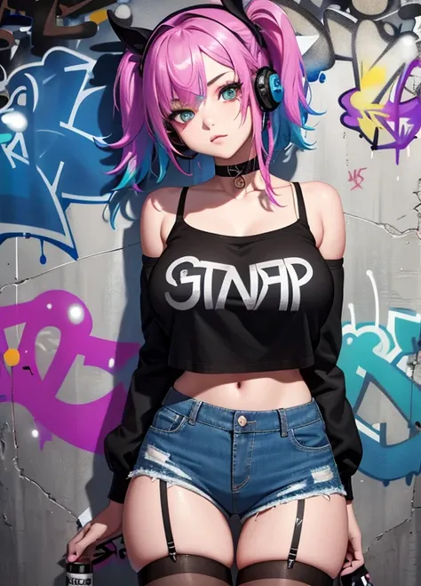 masterpiece, best quality, 1girl, solo, denim shorts, choker, (graffiti:1.5), paint splatter, arms behind back, against wall, looking at viewer, armband, thigh strap, paint on body, head tilt, bored, multicolored hair, aqua eyes, headset, huge breasts, nec...