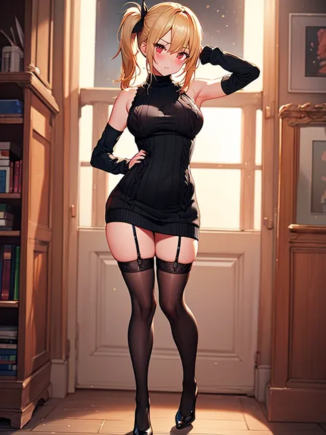 (highest quality, High resolution, perfect pixel, Depth of bounds written, 4K), bed, (full body), detailed eyes, (1 girl), perfect body, large breasts, blond hair, (side ponytail:1.2), (red:1.2), (virgin killer sweater dress), (sleeveless), bare back, (bla...