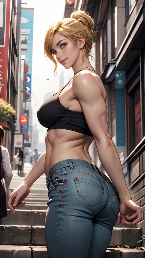 25-year-old Caucasian female、Blonde to purple gradient color、blue eyes、semi-long、Iの髪はウェーブしています、I can see the belly button、My abs are ripped、A slim but well-proportioned muscular body、smile、She is wearing an off-shoulder top with a logo print、I&#39;A man we...