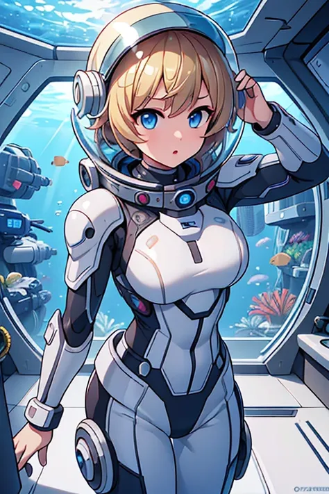 1girl, blonde_hair, solo,(space helmet):6, blue_eyes, looking_at_viewer, futuristic_diving_suit, realistic, breasts, short_hair,...