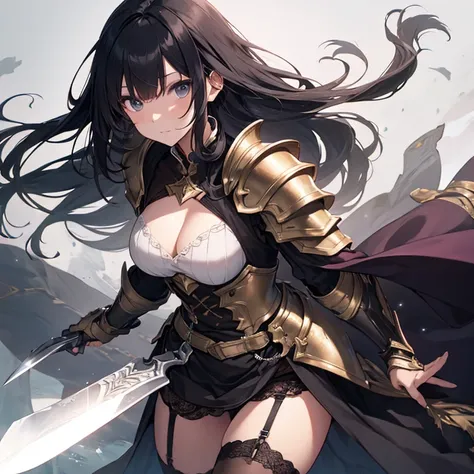 long hair、Black Hair、armor、Gauntlet、dress、garter belt、stockings、knife